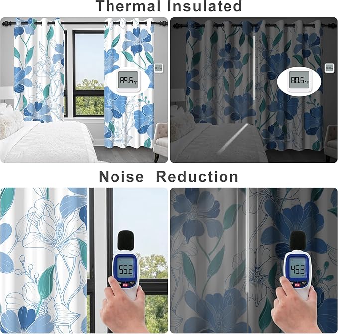 Blackout Curtains 84 inch Length 2 Panels Set, Blue Floral Printed Grommet Thermal Privacy Black Out Curtains for Bedroom with Black Liner, Light Filtering Window Curtains for Living Room and Nursery