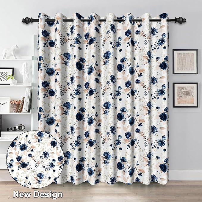 Renaiss Blue and White Floral Blackout Curtains Gold Line Rose Flowers Thermal Insulated Window Drapes for Bedroom 29W x 55L inches 2 Panel Set Window Curtain Panels for Kitchen