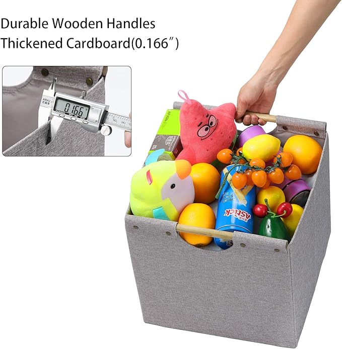 HOONEX Collapsible Storage Bins, 13x13x13in Storage Cubes Linen Fabric, 3 Pack, Storage Baskets with Wooden Carry Handles and Sturdy Heavy Cardboard, for Home, Office, Car, Nursery, Light Grey