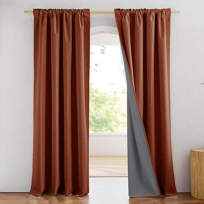 NICETOWN 100% Absolutely Blackout Linen Curtains with Thermal Insulated Grey Liner, 84 inches Long Drapes, 52" Wide, 2 Panels, Retro Burnt Orange Linen Curtains Vertical Drapes Privacy for Bedroom