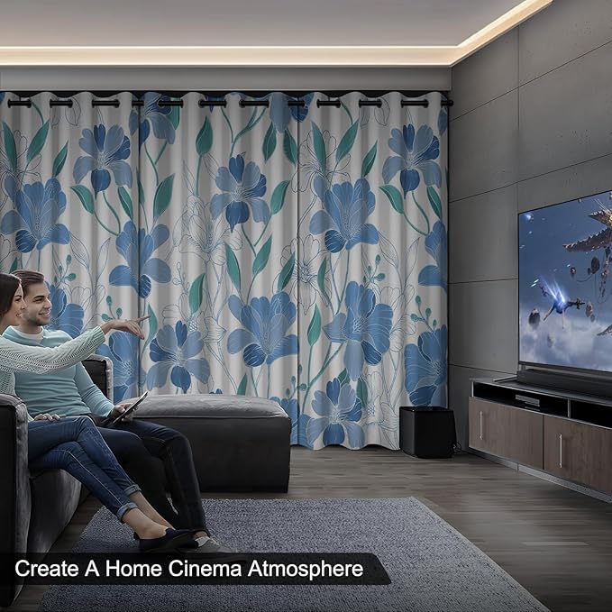Blackout Curtains 84 inch Length 2 Panels Set, Blue Floral Printed Grommet Thermal Privacy Black Out Curtains for Bedroom with Black Liner, Light Filtering Window Curtains for Living Room and Nursery