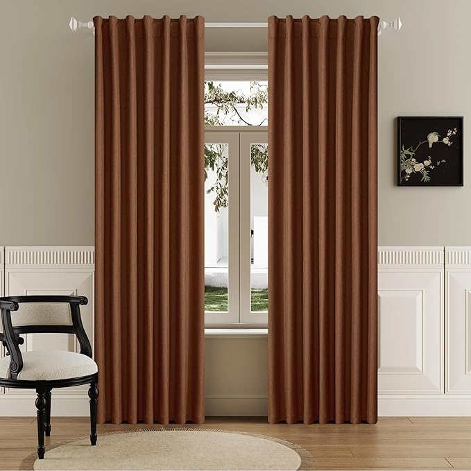 DUALIFE 90 Inch Rust Curtains Blackout Boho, Thermal Insulated Curtains for Summer Heat for Bedroom Living Room Linen Pleated Drapes 90 Inches Long Rod Pocket(50W x 90L x 2 Panels) Terracotta