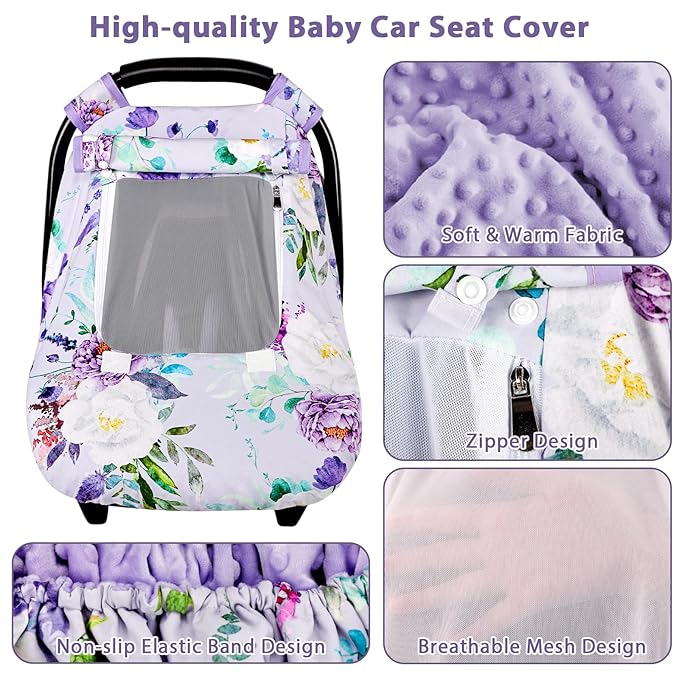 Car Seat Cover Baby Girl, Warm Winter Carseat Cover for Baby, Purple Floral Infant Car Seat Canopy with Peep Window, for Protecting Baby from Wind & Sun, Kick-Proof & Windproof
