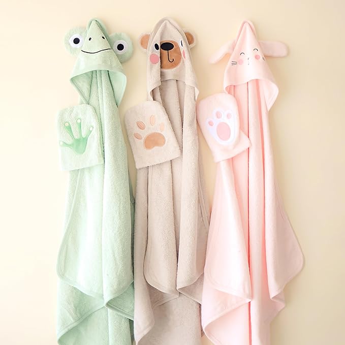 CuddleBug Premium Hooded Baby Bath Towel & Washcloth Set (Bunny) - 100% Cotton Terrycloth Hooded Baby Towels for Newborn & Toddler, Super-Soft & Absorbent, Newborn Essentials (30" x 30") - Blush Pink
