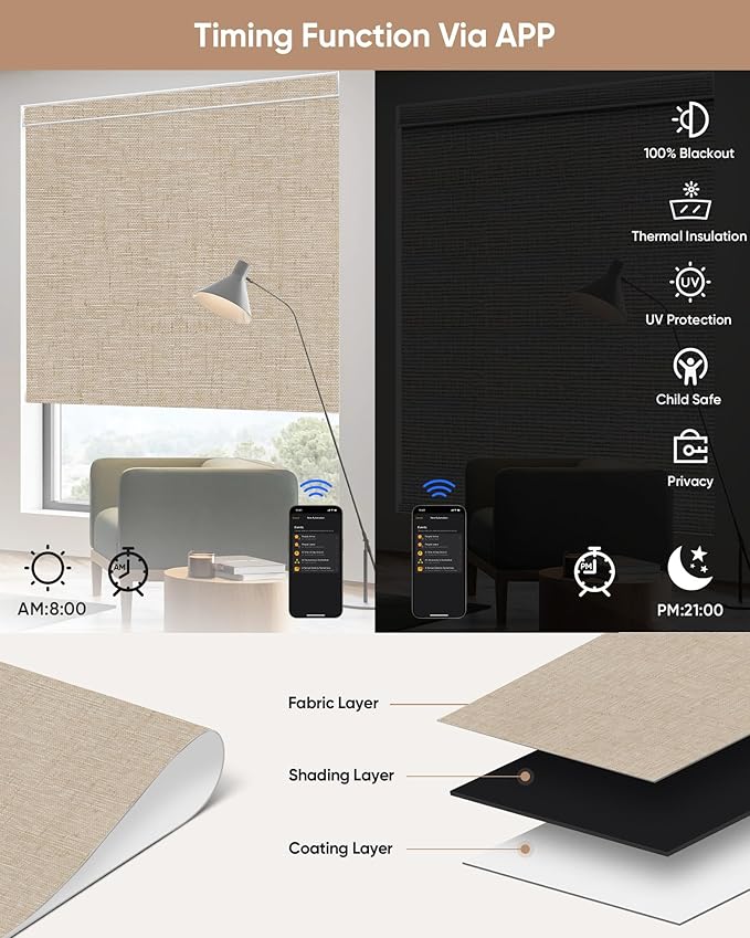 Kincmo Motorized Blinds with Remote,100% Blackout Motorized Roller Shades Work with Apple Homekit,Alexa,Google, Custom Electric Blinds with App,Voice Control (Linen Caramel)