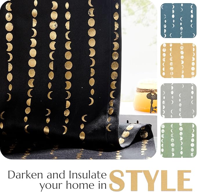 jinchan 95% Blackout Curtains 63 Inch Long for Bedroom Boho Curtains Moon Phases Printed Golden on Black Drapes Rod Pocket Back Tab Darkening Retro Bedroom Pattern Curtains 2 Panels