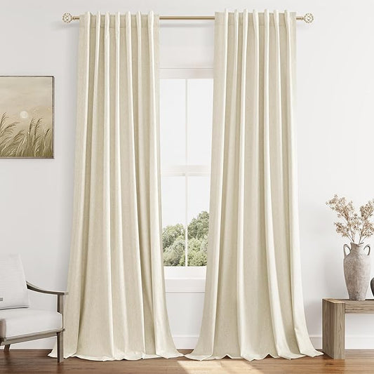 Guken 100% Blackout Curtains 90 Inch Length 2 Panels Set for Living Room Bedroom Back Tab Thermal Insulated Black Out Linen Drapes Room Darkening Window Curtains 90 Inches Long,Warm Beige