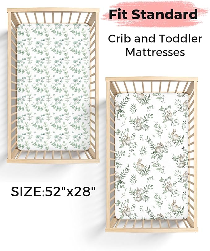 Crib Sheets for Boys and Girls, 2 Pack Fitted Baby Sheets for Standard Toddler Mattress 28" x 52", Soft Breathable Jersey Knit Baby Bedding (Sage Trail)