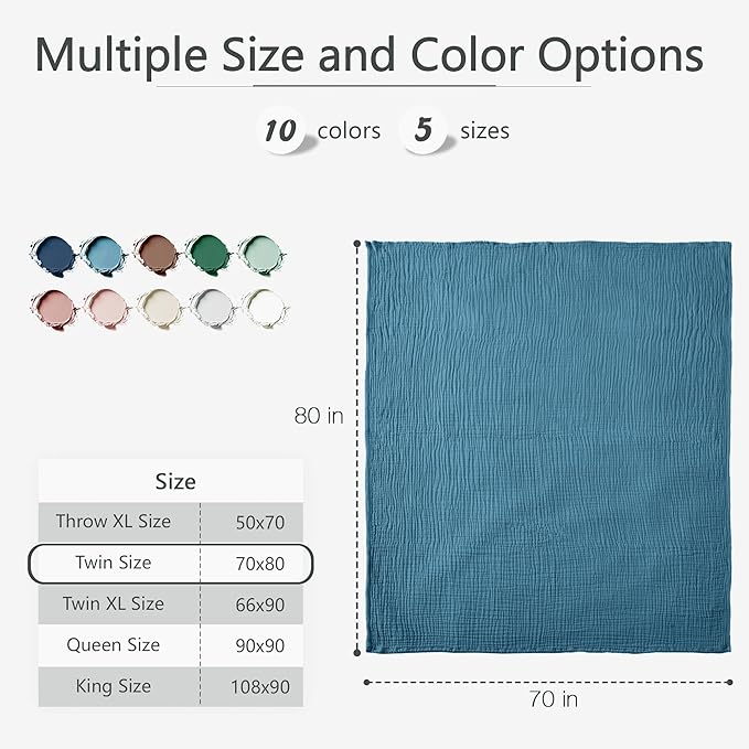 Carriediosa 100% Cotton Muslin Throw Blanket 70" X 80" Twin Size，4-Layers Summer Gauze Throws for Bed Couch，Soft Lightweight Breathable Linen Blankets Bedspread for Adults All Season，Dusty Blue