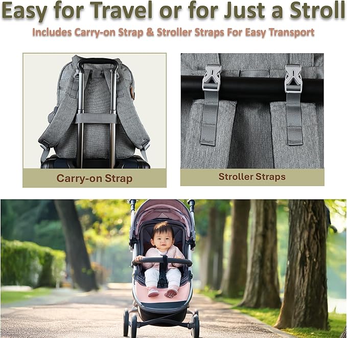 Baby Diaper Bag Backpack - Large Sturdy Bag for Boys & Girls, Changing Pad & Pacifier Case, Large Capacity, Insulated Pockets, Waterproof, Stroller Straps & Carry-on Straps, Unisex - Grey