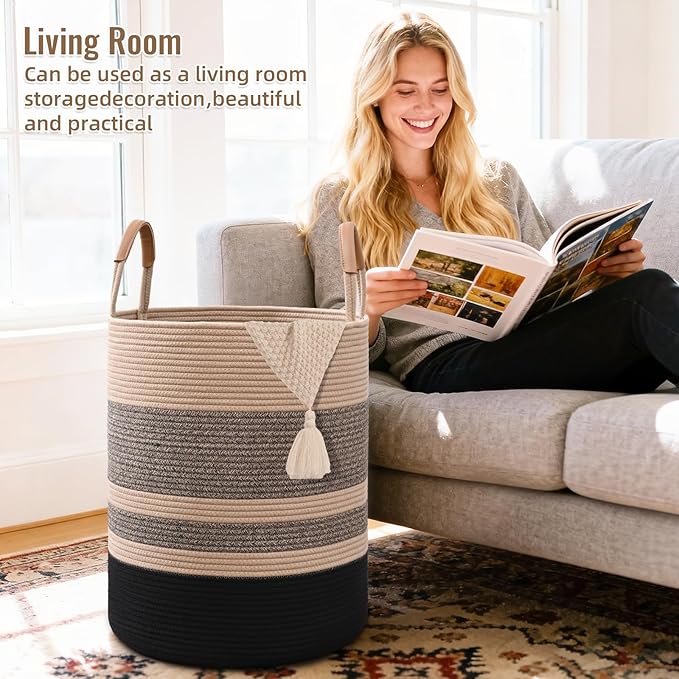 75L Striped Laundry Basket, Brown & Black Laundry Hamper with Leather Handles, Woven Cotton Rope Storage Bin for Blankets, Nursery Hamper for Clothes, Toys In Bathroom, Livingroom, Bedroom