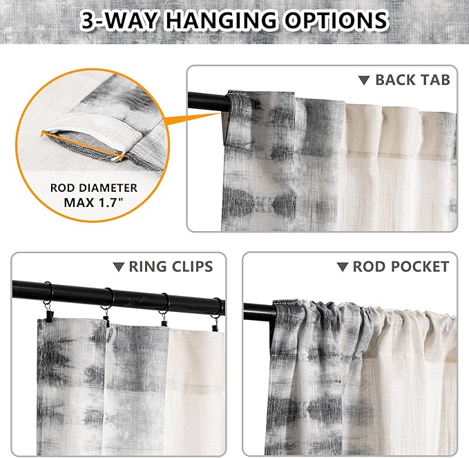 MEETSKY Flax Linen Sheer Curtains 95 Inches 2 Panels Light Filtering Window Modern Cotton Curtains for Living Room Printed Soft Rod Pocket Decorative Curtains for Office