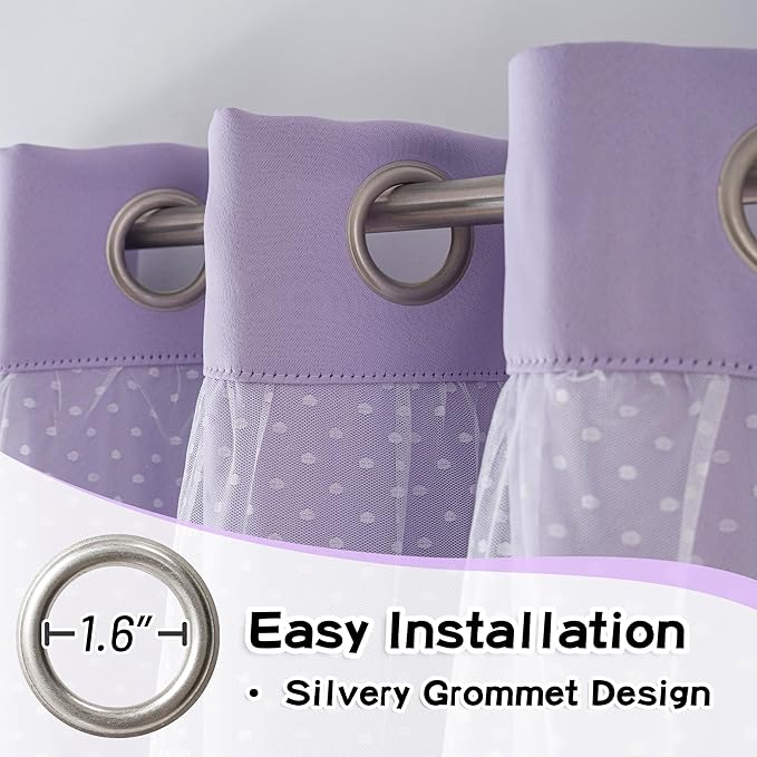 MYSKY HOME Cute Lilac Curtains for Girls Bedroom & Nursery Kids Purple Lavender Blackout Curtains Double Layer with Polka Dots Sheer, Grommet Tops, 52x84 Inch, 2 Panels