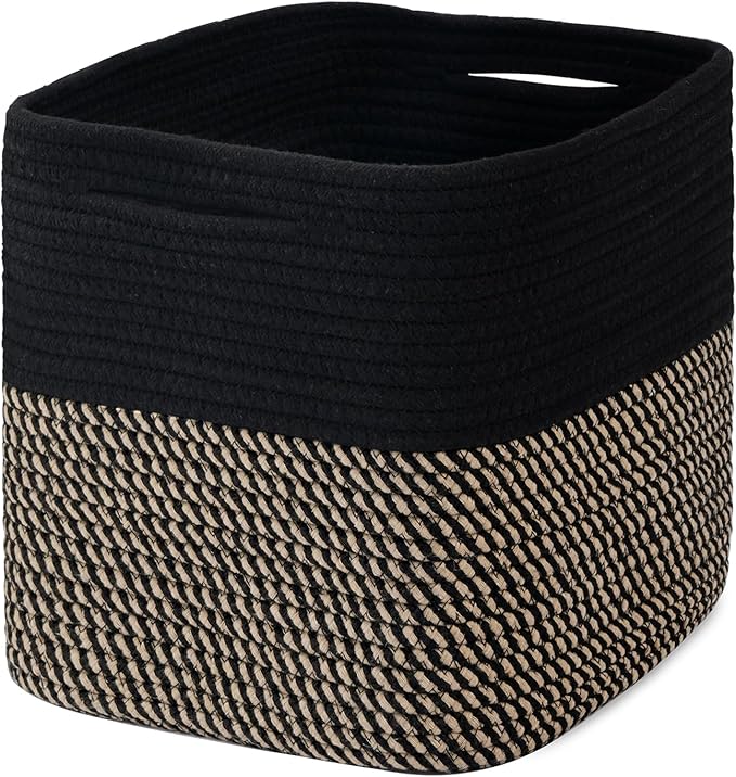 Cube Storage Bin 11" x 10.5" x 10.5" Cotton Rope Basket Square Woven Storage Basket for Shelves, Closet Organizer, Soft Towel Sock Basket, Black/Brown, 1 Pack