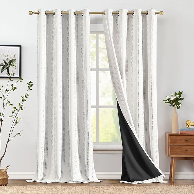 jinchan 95% Blackout Boho Curtains 108 Inches Long for Bedroom Living Room Silver Geometric Foil Printed Curtain Grommet Top Room Darkening Drapes Off White 52 x 108 2 Panels