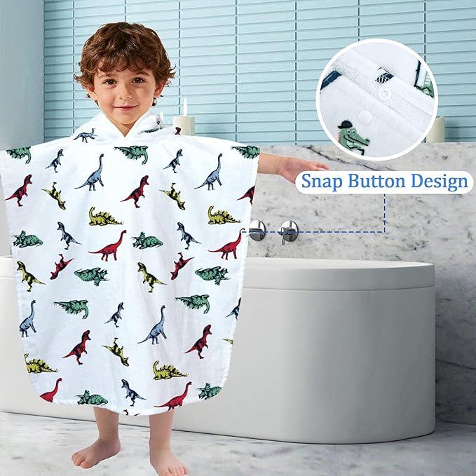VOOVA & MOVAS Toddler Hooded Towel, Oversized (2-4Years,22"X22") Made from 100% Soft Cotton,Absorbent Hooded Poncho Towel for Baby Girl,Perfect for Pool | Swimming | Bath | Beach,Dino