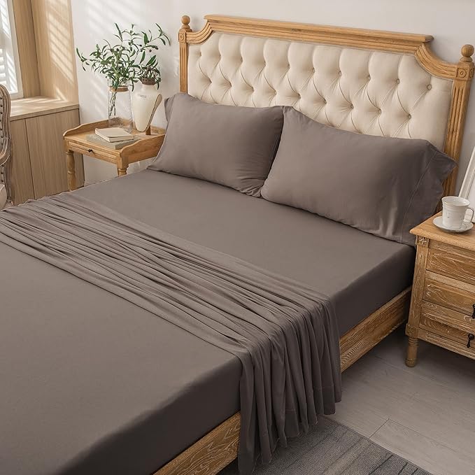PURE ERA Jersey Knit 4pc Bed Sheet Set 100% T-Shirt Cotton Super Soft Comfy Breathable Fits Mattress Up to 20" Extra Deep Pocket (Solid Brown, Queen)