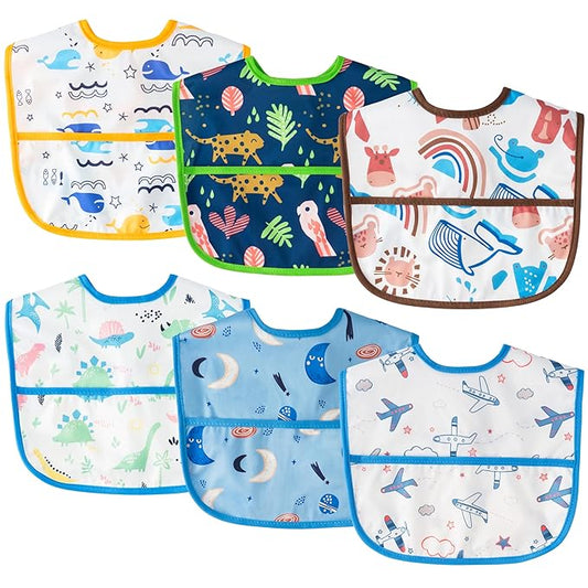 2ooya 6Pcs Baby Bibs for Eating Toddler Adjustable Feeding Bibs with Crumb Catcher Pocket Waterproof Sleeveless Teething Plastic Food Bib Set Infant Keepsake Gift for Baby Shower, 6-24 Months