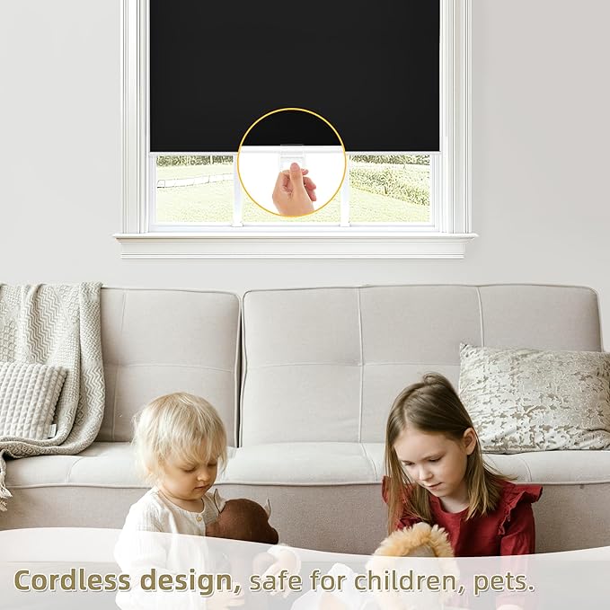 ChrisDowa Cordless Blackout Roller Shades for Windows, Thermal Insulated UV Protection Pull Down Shades, Total Blackout Window Blinds for Home, Office, Bedroom, Door (28" W x 72" H, Black)