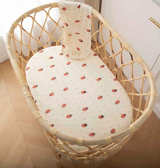 SDY Jersey Strawberry Bassinet Sheets for Baby Girls,32 "x 16 "x 4", 2 Pack,Pink Cute Kawaii Standard Oval/Retangle Fitted Bassinet Sheets for Toddler,Super Soft Breathable