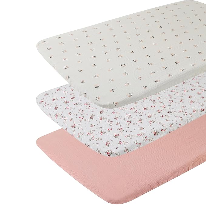 Onacosht Muslin Bassinet Sheets 3 Pack, 100% Cotton Baby Fitted Sheet 33" X 17" for Rectangle, Round, Oval, Hourglass Mattress, Pink and Floral