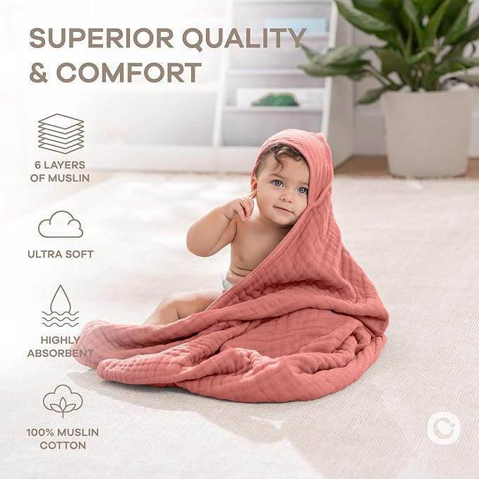 Comfy Cubs Hooded Baby Towel 1-Pack, Large 32 x 32 Inch - 6 Layer 100% Muslin Cotton for Babies, Toddlers and Kids - Soft & Absorbent Baby Bath Towels - Unisex Design for Bath Time - Dusty Rose