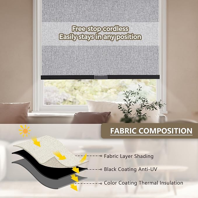 Cordless Blackout Roller Shades Blinds for Windows Free-Stop,Pull Down Room Darkening with Valance,Thermal Insulated Woven Fabric Window Door Blinds for Home,Office,Heather Grey 22.5"W x 72"H