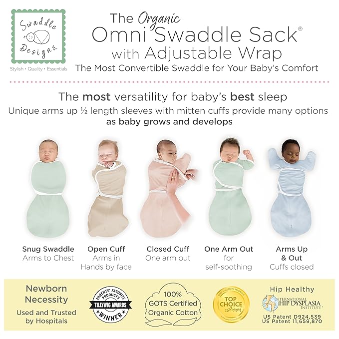 SwaddleDesigns Organic 6-Way Omni Swaddle Sack Arms Up Swaddle for Newborn, More Options to Calm Startle Reflex, Improves Sleep, Small, 0-3 Month, 6-14 lbs, Watercolor Peach Blush Popppies