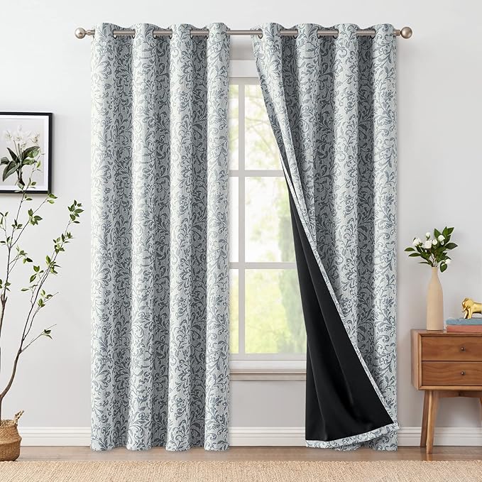 jinchan Blackout Curtains for Bedroom 84 Inches Long Silver Grey Scroll Floral Window Curtains for Living Room Farmhouse Vintage Drapes Thermal Insulated Grommet Window Treatments 2 Panels