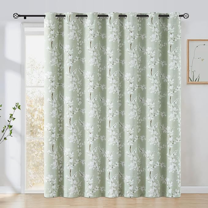 FMFUNCTEX 100% Blackout Sliding Door Curtains for Living Room, Green Floral Print Extra 100 Wide Window Curtain Panels for Sliding Glass Door, Thermal Insulated 1 Panel Grommet (White on Sage)