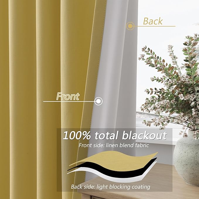 Guken Yellow 100% Blackout Curtains 72 Inch Length 2 Panels Set for Living Room Bedroom Back Tab Thermal Insulated Black Out Linen Drapes Room Darkening Window Curtains 72 Inches Long