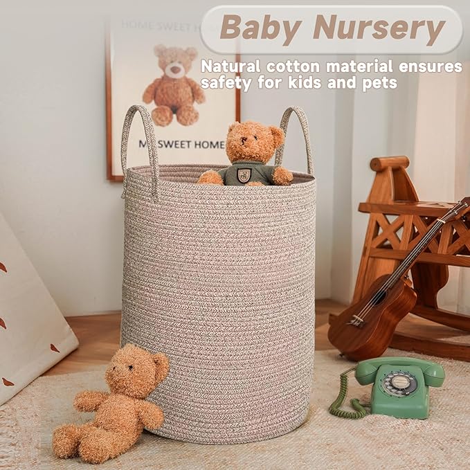 Large Woven Laundry Basket Hamper,60L Cotton Rope Storage Bin for Blankets,Toys and Clothes,Decorative Tall Nursery Hamper for Living Room,Baby Nursery,Bathroom and Bedroom,Oatmeal