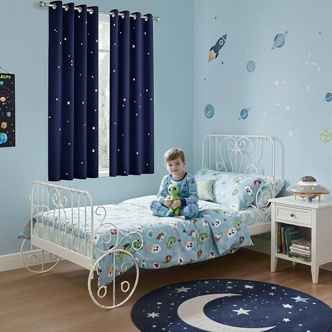 NICETOWN Blackout Curtains for Bedroom, Star Cutout Theme Window Treatments, Light Blocking Curtains & Drapes for Kids Room/Thanksgiving (42W X 63L, 1 Set, Navy Blue)