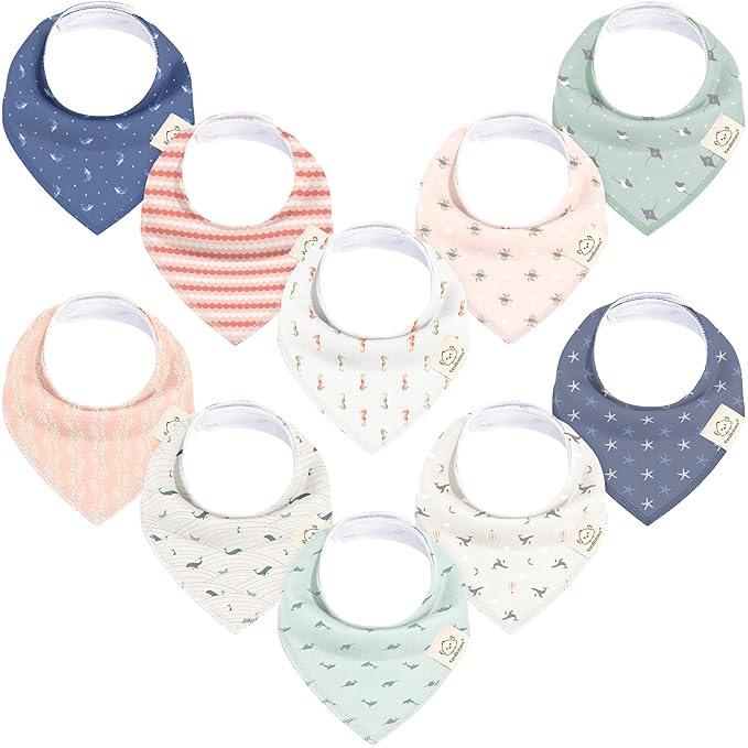 KeaBabies 10-Pack Organic Baby Bandana Bibs for Girls - Super Absorbent Triangle Baby Bibs for Drooling and Teething Infant, 100% Cotton Extra Soft for Newborn, Infant 0-36 Months (Marine Muse)