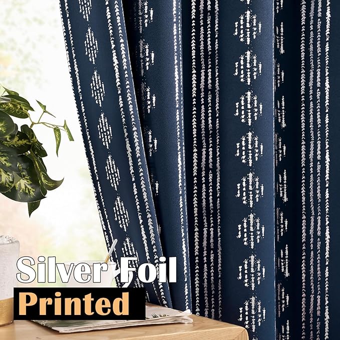 jinchan 95% Blackout Boho Curtains 96 Inches Long for Bedroom Living Room Silver Geometric Foil Printed Blue Curtain Grommet Top Room Darkening Drapes 52 x 96 2 Panels