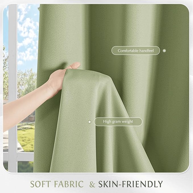 Beauoop Sage Green 100% Blackout Curtains 63 Inch Long 2 Panels for Bedroom Living Room Solid Room Darkening Thermal Insulated Soundproof Energy Saving Grommet Top Window Treatment Drapes,52x63 2 Set