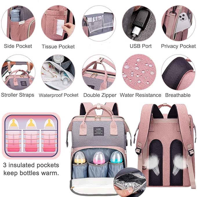 Baby Diaper Bags with Changing Station,900D Oxford Waterproof Diaper Bag Backpack for Moms Dads with USB Charging Port,Large Capacity Baby Essentials(Ungrade Pink Grey)