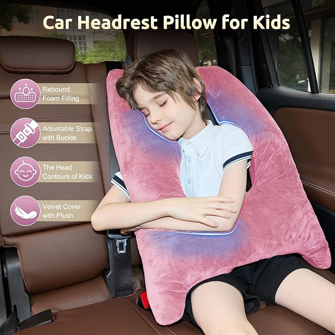Car Pillow for Kids Travel Pillow with Adjustable Strap, Kids Floor Pillows Cushions for Adults and Children to Support Head and Body Road Trip Essentials (Pink)