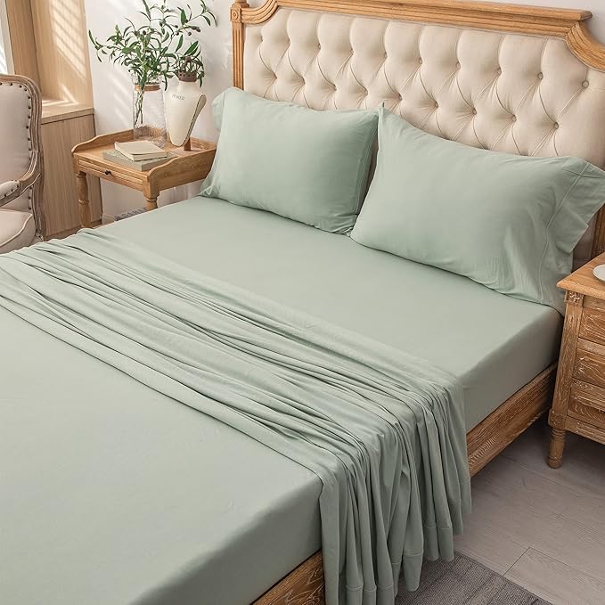 PURE ERA Jersey Knit 4pc Bed Sheet Set 100% T-Shirt Cotton Super Soft Comfy Breathable Fits Mattress Up to 20" Extra Deep Pocket (Solid Sage Green, Full)