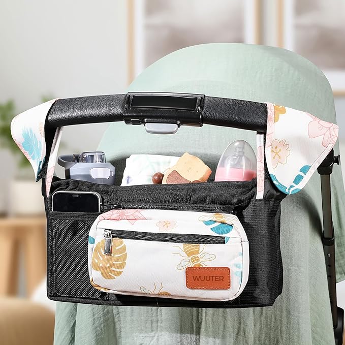 Stroller Organizer with Cup Holder Detachable Wristlet Large Capacity Baby Stroller Bag for Mom, Fits Uppababy, Baby Jogger, Britax, BOB, More (Garden)