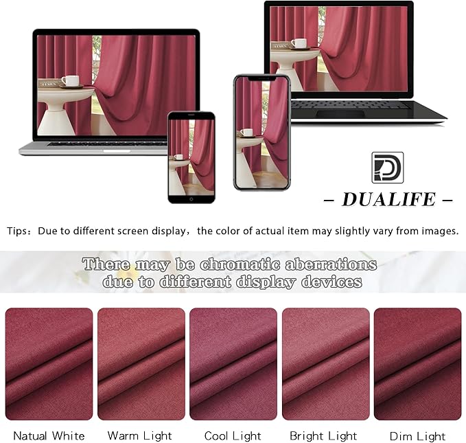 DUALIFE Back Tab and Rod Pocket Rose Red Curtains for Girls Bedroom Decor- Linen Textured Room Darkening Thermal Insulated for Living Room 50 x 84 Inches Long Set of 2 Panels