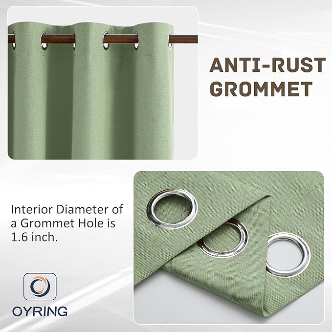 100% Blackout Linen Textured Curtains 120 Inch Length 2 Panels Set for Living Room, Bedroom, Light Weight Curtains with Grommets Top, Full Blackout Curtains Privacy Protection, Green, 52" W x 120" L