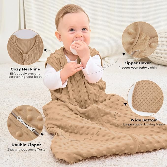 FIEMOL Fleece Baby Sleep Sack 18-24 Months, 1.5 TOG Cotton Baby Wearable Blanket With Soft Plush Dots, 2 Pack Newborn and Infant Warm Sleeping Sack with 2-Way Zipper Brown&Coffee