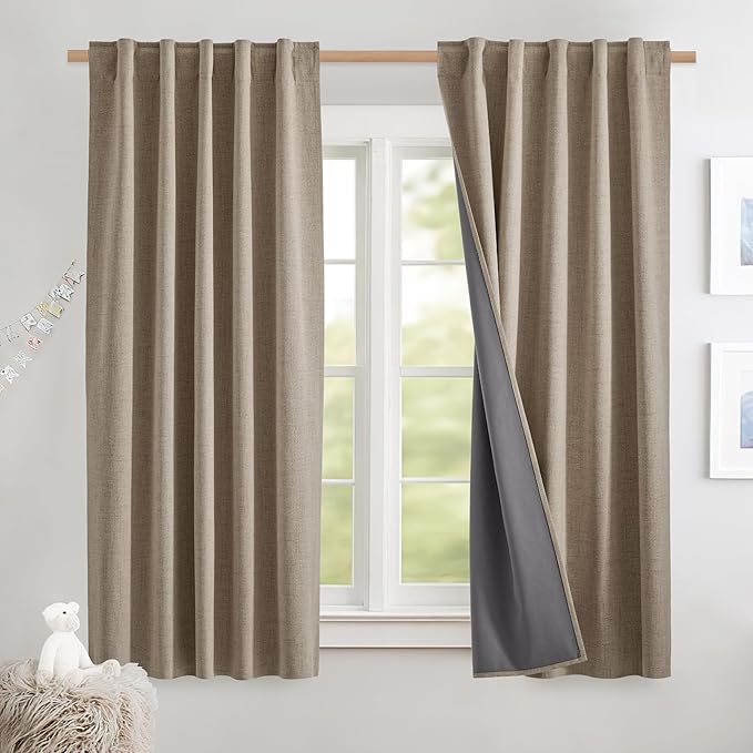 NICETOWN 100% Blackout Curtains for Kitchen with Grey Liner, Rod Pocket & Back Tab Thermal Insulated Flax Textured Full Light Blocking Window Draperies for Nursery(Burlap, 2 Panels, 42" W x 63" L)