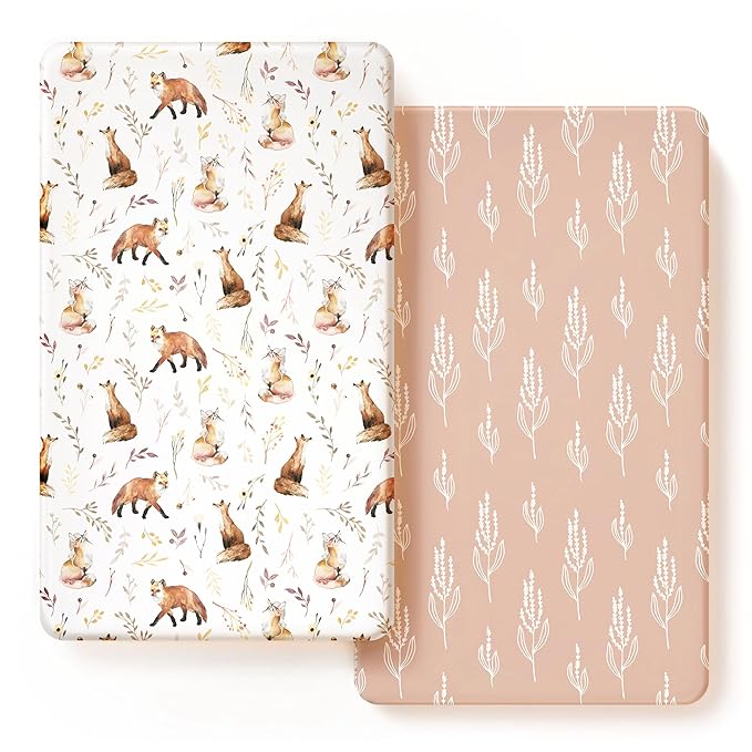 Stretch Ultra Soft Jersey Knit Fitted Crib Sheets Set 2 Pack，Fits All Standard Crib Mattress Pads Safe and Snug, Crib Fitted Sheet for Baby, Pretty Fox for Girls