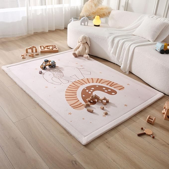 Hakuna Matte CloudSoft Baby Play Mat for Floor 47 x 67 Rainbow Elephant – Coral Velvet Memory Foam Rug for Crawling Cozy Play – Non-Slip, Water-Resistant, Easy-Care Tummy Time Mat, Playmat for Playpen