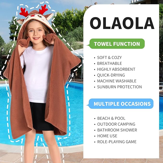 OLAOLA Reindeer Hooded Towel for Kids 3-12 Years, 28" x 53" Soft Thick Absorbent Beach Towels, Toddler Bath Towel Wrap Swim Pool Towels Poncho for Boys Girls