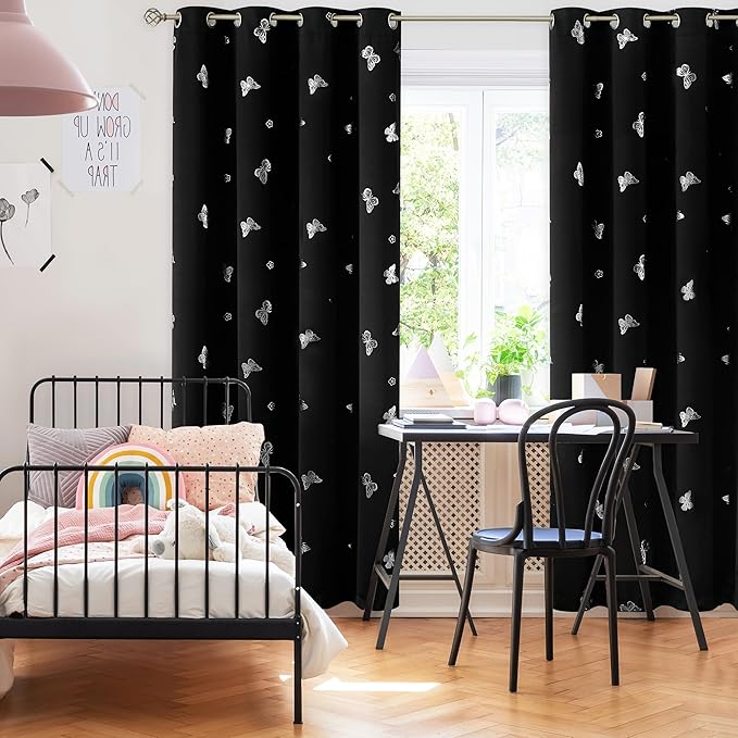 Jubilantex Black Silver Butterfly Blackout Curtains Metallic 63" Long for Bedroom Nursery Thermal Insulated Window Curtains Grommet 52" Wide,2 Panels