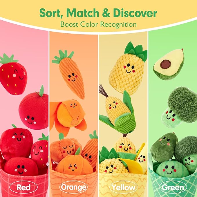 hahaland Baby Sensory Toys - 16 PCS My First Fruit Vegetable Color Sorting Play Food Crinkle, Rattle, Baby Toys 6-12 Months Montessori Toys for 1 Year Old Boy Girl Toddler Valentines Day Gifts Easter