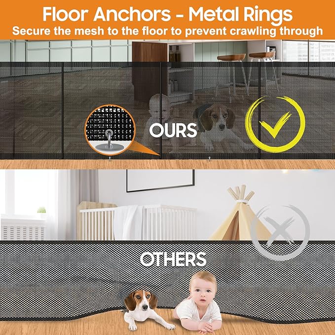 Retractable Baby Gates - 200" Extra Wide Retractable Dog Gate, 42" Extra Tall Mesh Gate Pet Gate with Support Rods, Long Child Safety Gate for Stairs Doorways Indoor Outdoor Large Openings - Black